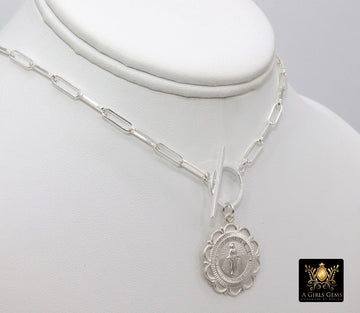Silver Virgin Mary Coin Necklace, 925 Sterling Silver Medal Toggle Wrap Necklace, Paperclip Rectangle Chain